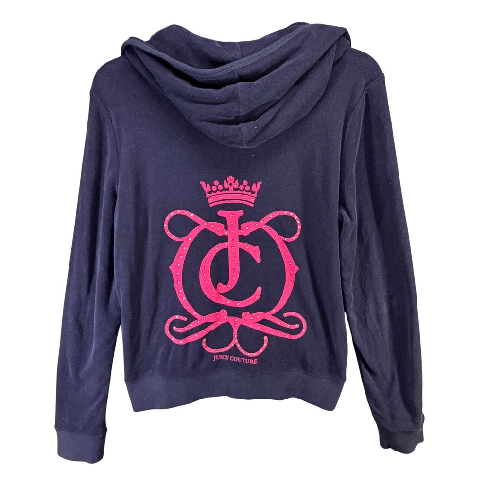 Y2K Juicy Couture Terry Cloth Zip Hoodie Womens XL Navy Pink Rhinestone Crest